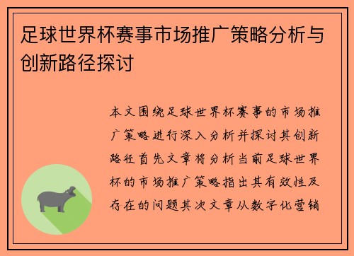 足球世界杯赛事市场推广策略分析与创新路径探讨
